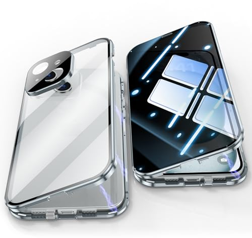 Jonwelsy Anti Peeping Hülle für iPhone 15, 360 Grad Schutz Case, Privatsphäre Gehärtetes Glas Anti-Spähen Cover, Stark Magnetische Adsorption Metallrahmen Handyhülle für iPhone 15 (Blau)