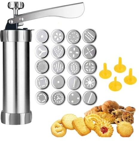 Goowafur Gebäckspritze Edelstahl, mit 20 Schablonen und 4 Tüllen,Kekspresse, Spritz-Keksmaschine aus Edelstahl zum Spritzgebäck Presse für Kuchen Kekse
