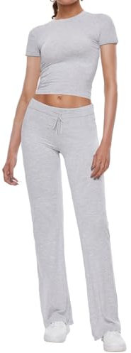 AnotherChill 2-teiliges Lounge-Set für Damen, gerades Bein, kurze Ärmel, bauchfreies T-Shirt, lässige Outfits, bequeme Loungewear, Hellgrau, S