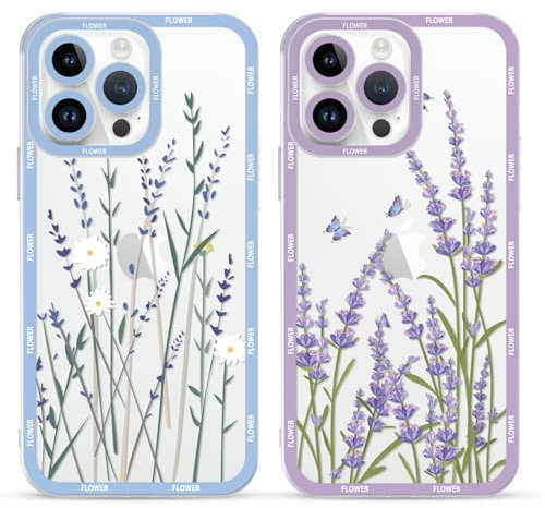 Foonary 2 Pack Clear Flower Set Suitable for iPhone 13 Pro Max Transparent 6.7, Phone Case With Lavender Beautiful Fun Aesthetic Pattern Cover, Soft TPU Silicone Shockproof Protective Box