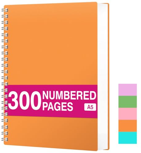 RETTACY Notizblock A5 Kariert, Spiralblock Notizbuch 100gsm mit 300 Seiten/150 Blatt zum Zeichnen, Kunststoff PVC Hardcover, zum Tagebuch, College,Konferenz, Reise, 14,5 X 21 cm -Orange
