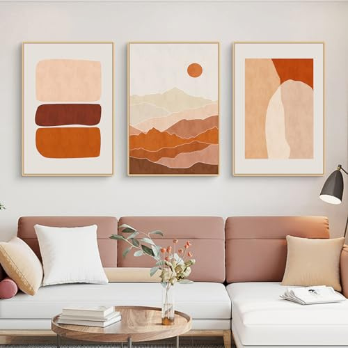 Uixxducc 3er Abstrakte Poster Set, Modern Wandbilder Set, Orange Abstrakter Farbblock Poster Bilder als Wanddeko für Schlafzimmer Wohnzimmer, Ohne Rahmen (ABC, 30x40cm)