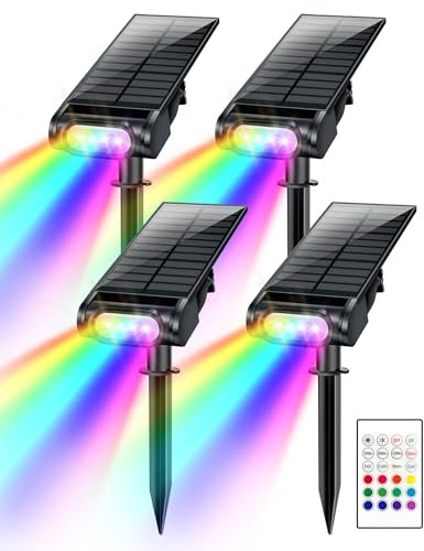 Brthera Solar Spot Lights Outdoor, 12 Color Modes Landscape Light Waterproof IP67 with Remote, 2-in-1 Color Changing/Cool/Warm White Solar Lights Outdoor for Yard Trees Garden Pool(Multicolor, 4 Pack)