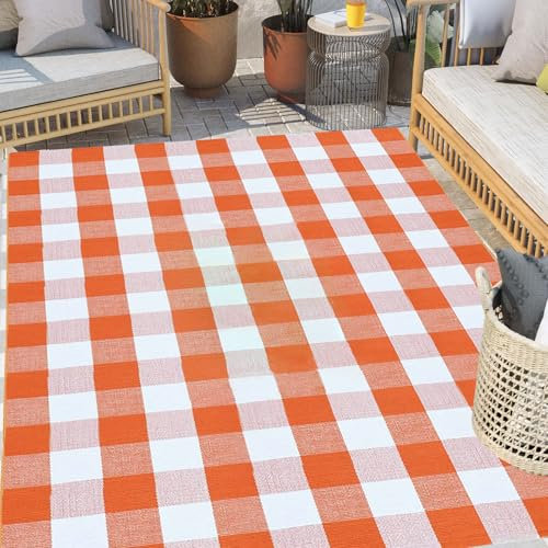 Buffalo Plaid Outdoor-Teppich, 122 x 180 cm, Orange und Weiß kariert, für Innen- und Außenbereich, waschbar, Baumwolle, gewebt, Bauernhaus-Matte für Herbst, Veranda, Dekoration