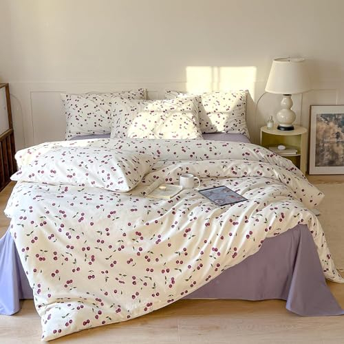 Sacebeleu Bettwäsche 135x200 Violett Weiß Kirschemuster,Lila ÖkoTex Bettwäsche Set Kinder,Microfaser Bettbezug mit Reißverschluss und 1 Kissenbezug 80x80 cm