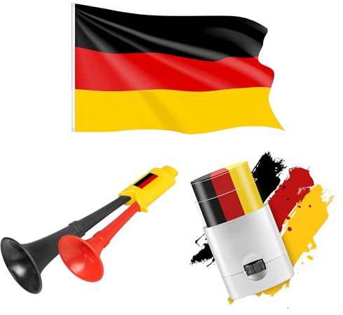 Piersando 3-teiliges Set EM WM 2026 Fanartikel Land Fan Fanartikel Fussball Weltmeisterschaft Frauen Männer Basketball Handball Schminkstift Tröte Deutschland Fahne 90 cm x 60 cm