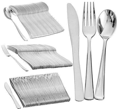MATANA 180 Elegant Silver Plastic Cutlery Set - 60 Knives, 60 Forks, 60 Spoons - Hand Washable, Reusable & Heavy Duty Tableware for Weddings, Birthday, Parties & Events