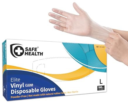 Safe Health Disposable Vinyl Gloves Multi-Purpose Plastic Gloves Food Safe, Latex Free Powder Free Non-Sterile 3 mil for Cleaning, Washing up, Salon, Service, Household, Daily, Large (Box of 100)