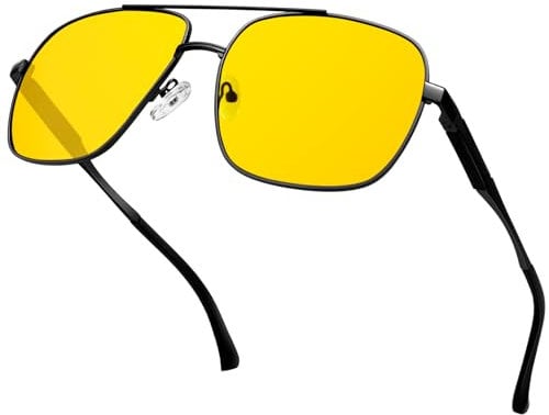 KANASTAL Black Night Driving Glasses Wide Mens Yellow Tinted Oversized Night Driving Large Square Womens Metal Polarised Headlight Fishing UV400 - Black Frame Yellow Lens
