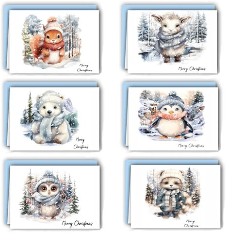 FiveMileBro 12 cartoline natalizie pieghevoli con buste, set di cartoline A6, serie di animali della foresta in acquerello, con auguri di Natale, cartoline di Natale per amici e parenti