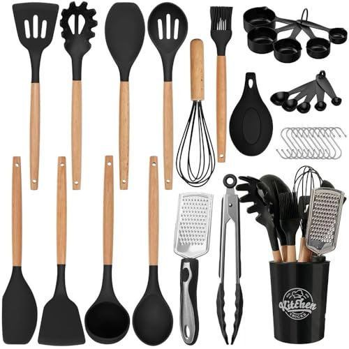 Stylish 34-Piece Silicone Kitchen Utensil Set with Holder to Elevate Your Culinary Experience. Heat Resistant Wooden Handles. Safe for Non Stick Cookwear. Dishwasher Safe.