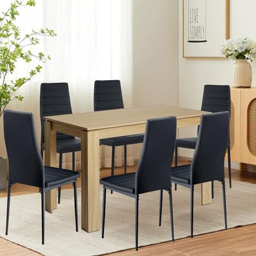 FURNITABLE Esstisch mit 6 Stühlen Esszimmergruppe, Essgruppe mit Hochlehner Kunstleder Stuhl für 6 Personen, Sitzgruppe für Küche Esszimmer Wohnzimmer(120cm Eiche Tisch+6 Schwarz Stühle)