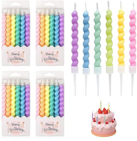 24 Stück Geburtstagskerzen, Kerzen Geburtstag für Torten, Farbenfrohe Spiralförmige Kerzen con Halter Perfekt für Geburtstage, Partys und Weihnachtsfeiern, Macarons Kuchenkerzen für Jedes Fest