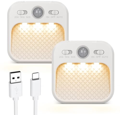 ORIA Nachtlicht mit Bewegungsmelder, 2 Stück LED Nachtlicht mit 3 Farbtemperaturen, Stufenloses Dimmen, 2 Sensormodus, Wiederaufladbare Schranklicht für Badezimmer, Treppe, Flur