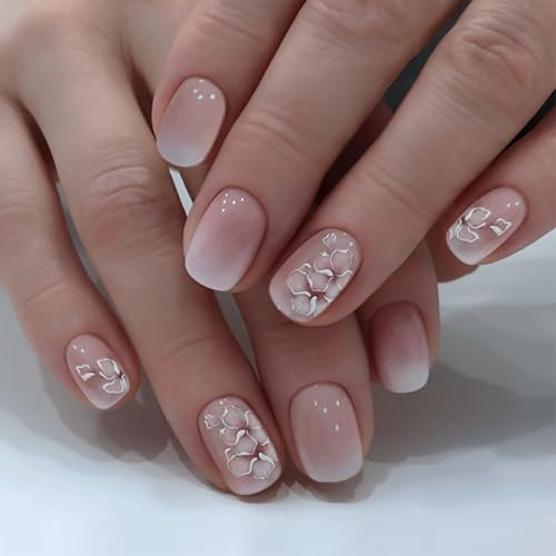 24PCS Short French Ombre Press On Nails for Women, Pink and White Gradient Fake Nails with 3D Floral Design, Full Cover Acrylic Nails with Natural Look and Elegant Style