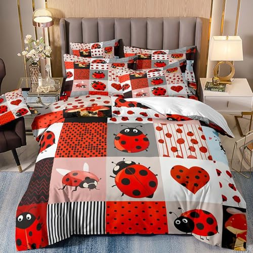 VOGIAY Marienkäfer Bettwäsche-Set 135x200cm für Teenager, 3D Marienkäfer Gedruckt Bettbezug Mikrofaser für Schlafzimmer Fliegende Entomologie Rot Schwarz Weiß Gitter Wild Tier Bettwäsche