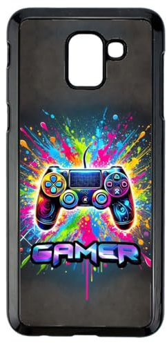 FunKaz Coque pour Samsung Galaxy J6 2018 - Gamer Manette de Jeu Fond Multicolore - Coque Noire TPU