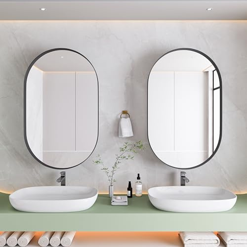 Goeria Stilvoller ovaler Spiegelschrank, Einbau-Medizinschrank, mit Metallrahmen, Spiegel und verstellbaren Regalen, mit Stauraum für Badezimmer, Wohnzimmer und Schlafzimmer, Schwarz (Oval+Schwarz)