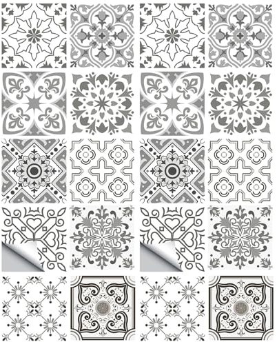 20pcs Grey Vintage Tile Stickers, Kitchen Bathroom Wall Tile Stickers,Adhesive Tile Art DIY Kitchen Bathroom Backs Plash Floor Home Decor, Peel and Stick on Tile Transfers Covers Decals Self Adhesive
