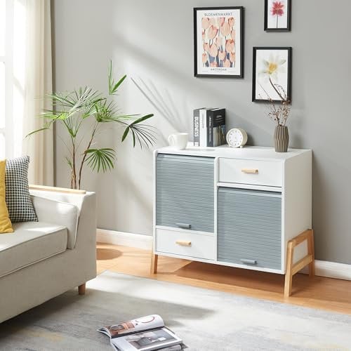 [en.casa] Commode avec 2 Tiroirs Spacieux et 2 Portes à Rideau Déroulant Meuble de Rangement Pratique Stable Design Élégant pour Salon Chambre Bureau Entrée MDF Bambou 72 x 80 x 40 cm Blanc Gris