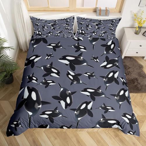 Homewish Süß Killer Whale Bettbezug Ozeans Orca Bettwäsche Set 135x200 für Kinder Jungen Mädchen,Küstentierdruck Tröster Abdeckung Cartoon Unterwasserwelt Bett Set Schwarz Weiß Grau