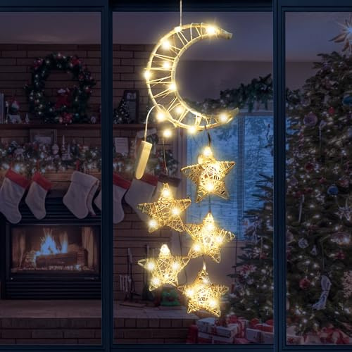 Giugio Mond Sterne Lichterkette, Weihnachtsdeko Lichterkette Rattan Mond Sterne LED mit 6 LED Warmweißen Lichterkettes, Fensterdeko Weihnachtens Beleuchtet, Fenster, Valentine's Day