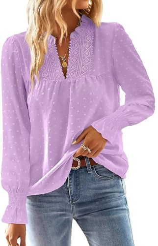 TUUHAW Camicia Donna Manica Lunga Boho Top Pizzo Elegante con Scollo a V | Bluse con Maniche a Balze Casual, Maglia Punto Svizzero Colore Puro, Abbigliamento Femmina Oversize Tshirt, Inverno Tunica