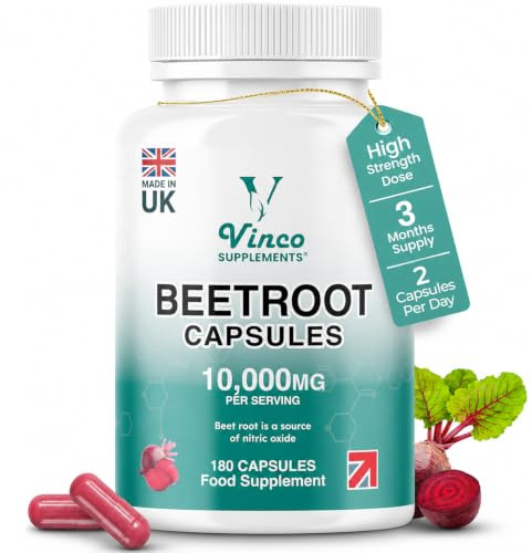 Vinco Beetroot Capsules 10,000mg - High Strength Beetroot Supplement 180 Vegan Capsules - Nitric Oxide Support - Enriched with Black Pepper - Made in The UK