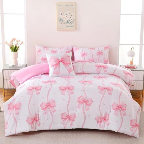 Freyamy Schleifen Bettwäsche 135x200 Rosa Schleifen Mädchen BettwäscheSet