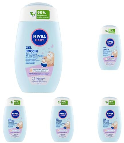 NIVEA Baby Duschgel Sweet Nanna mit Füßen 200 ml, Babybadewanne für Körper und Haar, Babybadewanne mit Tränenschutz, Baby-Shampoo für den Schlaf (Packung mit 5)
