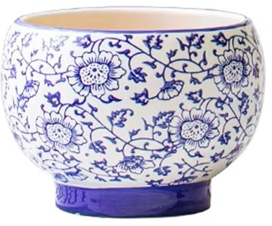 Pot de fleur en porcelaine bleue et blanche avec trous de drainage | Jardinières rondes for usage intérieur et extérieur, jardinière peinte à la main for plantes bonsaï décoratives(13.5x11.5cm)