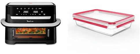 LOT Moulinex Easy Fry Dual Flex, air fryer, 9L, Double zone avec Séparateur amovible, 8 personnes, 7 programmes intuitifs, EZ9228F0, noir + Emsa boîte de conservation 3L verre Clip&Close N1041200