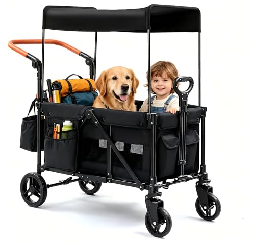 Bonnlo Folding Stroller Wagon for Kids, 2-Seater Handcart Wagon with Removable Canopy, 5-Point Harness and All-Terrain Wheels, Outdoor Camping Cargo Cart, Black