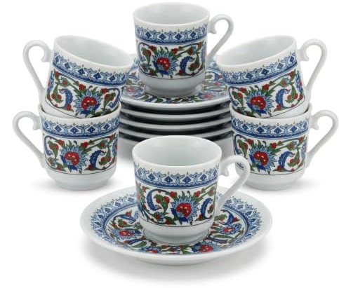 vienberg Kütahya Porselen Topkapi Türkische Kaffeetassen 12-teilig, aus Porzellan, 6 Mokkatassen 70 ml mit 6 Untertassen, İznik Dekor, Türkischer Kaffee Espresso Tassen Set, Floral