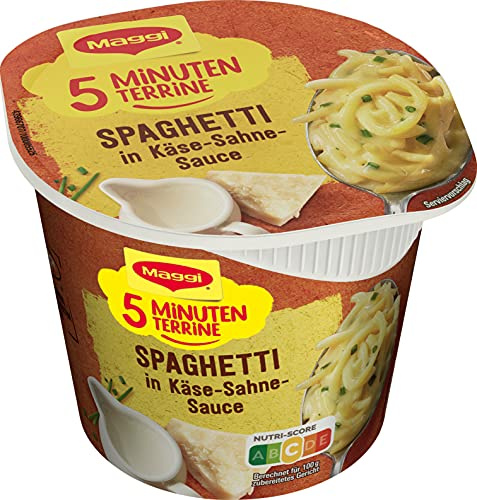Maggi fünf Minuten Terrine Spaghetti in Käse-Sahne-Sauce, leckeres Fertiggericht, Instant-Nudeln, mit würzigem Speck und Parmesan, 1er Pack (1 x 62g)