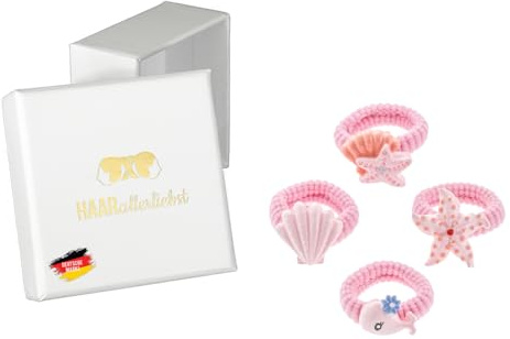 HAARallerliebst Haargummi Set (4 teilig | kleine Wassernixe | rosa) für Mädchen inkl. Schachtel zur Aufbewahrung (Schachtelfarbe: weiss)