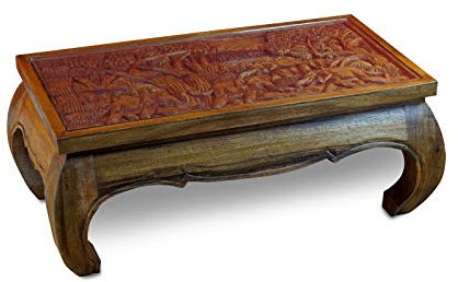 Kinaree Akazie Couchtisch PANTIP Kolonial mit Elefanten Schnitzerei und Glasplatte