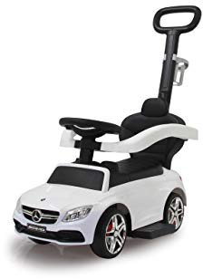 JAMARA 460448 - Rutscher Mercedes-AMG C 63 3in1-Kippschutz, Kofferraum, Schub-und Haltestange mit Lenkfunktion, Rückenlehne, Schutzbügel, ausziehbare Fußauflage, Sound/Hupe am Lenkrad, weiß