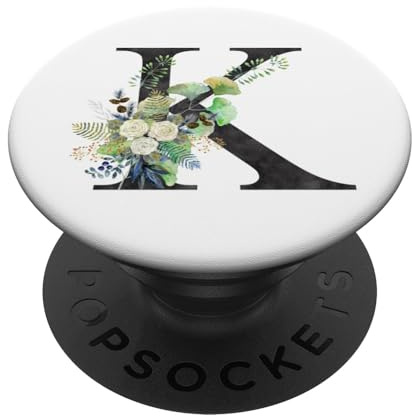 Initial K Letter Floral Monogram Black on White - K PopSockets Grip and Stand for Phones and Tablets PopSockets Adhesive PopGrip