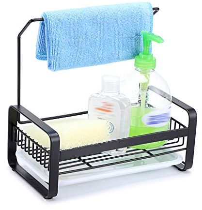 IGNPION Kitchen Sink Caddy Organizer Stainless Steel Sponge Holder Brush Soap Drainer Rack Dishrag Dishcloth Holder Rack with Plastic Drain Tray (Large,Black)