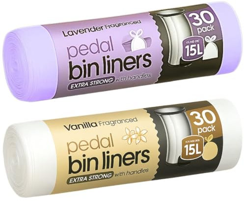 60 Extra Strong Scented Bin Liners 15L | Fragranced Pedal Bin Bags Lavender bags, Vanilla, 2 rolls of 30