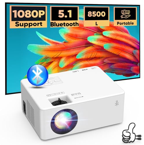 Mini Projecteur Bluetooth, AKATUO Vidéoprojecteur 1080P Full HD Supportée 50% Zoom, 200 Display Rétroprojecteur Portable, Compatible avec TV Stick Smartphone HDMI USB AV, Projecteur Home Cinéma