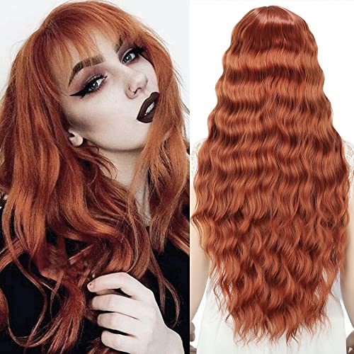 YEESHEDO Damen Perücke Blond Lang Locken Perücken mit pony Für Frauen, Natürlich Blonde Haare Wig, Alltag Anime Cosplay Kostümparty Halloween Karneval (Auburn rot)