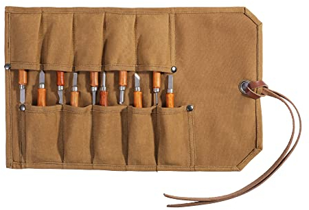 Tool Roll, Heavy Duty Waxed Canvas Small Tool Bag Tool Pouch for Chisels, Hammers, Gouges Palm Tools (Khaki)