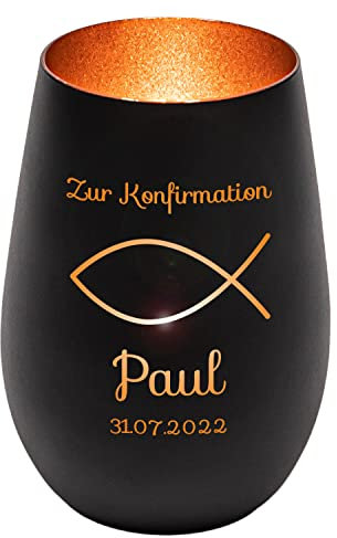 Windlicht mit Gravur zur Konfirmation | Schwarz/Bronze | Motiv Fisch | Geschenk zur Konfirmation Junge Mädchen | Tischdeko und Konfirmationsgeschenk personalisiert | Teelichtglas