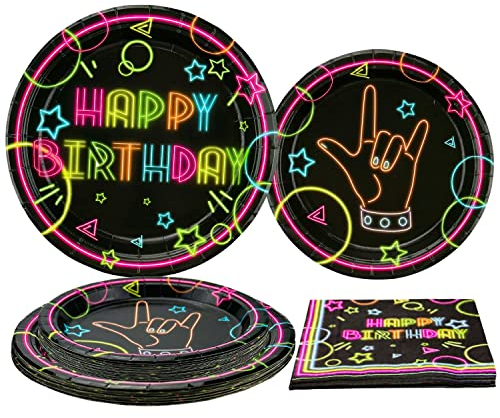 Fournitures de Fête en Néon Phosphorescent - Assiettes Joyeux Anniversaire Phosphorescentes et Serviettes Fluorescentes pour Les Décorations de Fête en Néon À La Lumière Noire, pour 20 Invités