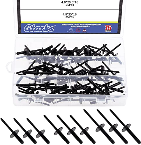Glarks 75Pcs 3/16 x 5/8 / 13/16 / 1 nero grande flangia rivetti pop rivetti assortimento per unire tubi in metallo automobilistici
