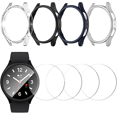 JZK Hülle Kompatibel für Galaxy Watch 4 44mm【4+4 Stück】4 Hart PC Schutz Hülle und 4 HD Gehärtetes Displayschutz Folie für Samsung Galaxy Watch 4 44mm Schutzhülle(klar/schwarz/mitternachtsblau/silber)