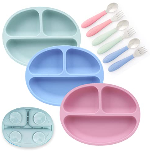 Elk and Friends Kids Silicone Suction Divided Plate | Suitable for Babies/Toddlers | Microwave & Dishwasher Safe | Stay Put Dinnerware | Snack Dishes | 3 Pack