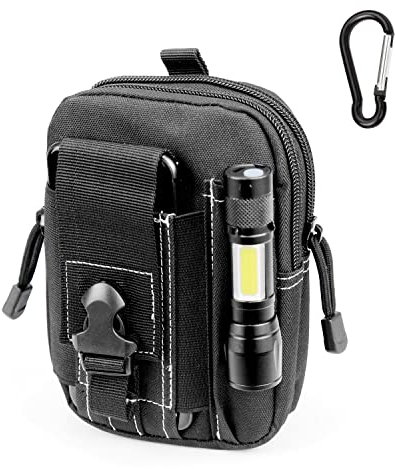 PISCORUSH Taktische Hüfttaschen, MOLLE EDC Hüfttasche Outdoor Gürteltasche Bauchtasche Handytasche Tragetasche für Smartphone, Kompakt und leicht (Mit einfachem Karabiner, Schwarz/Weiß Nähte)